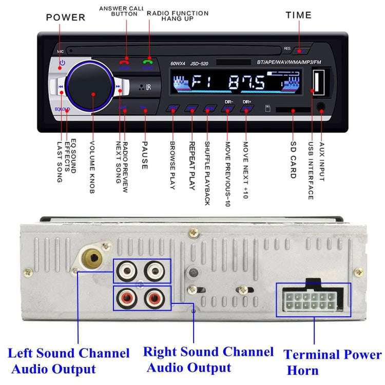 JSD-520 Car Stereo Radio MP3 Audio Player Support Bluetooth Hand-free Calling / FM / USB / SD, Or...