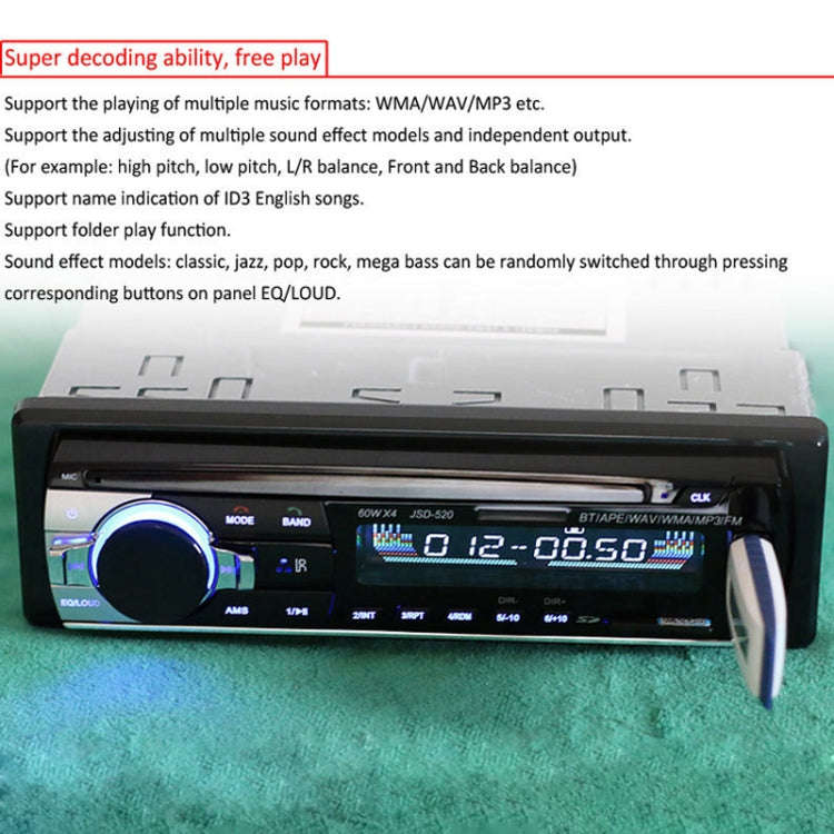JSD-520 Car Stereo Radio MP3 Audio Player Support Bluetooth Hand-free Calling / FM / USB / SD, Or...