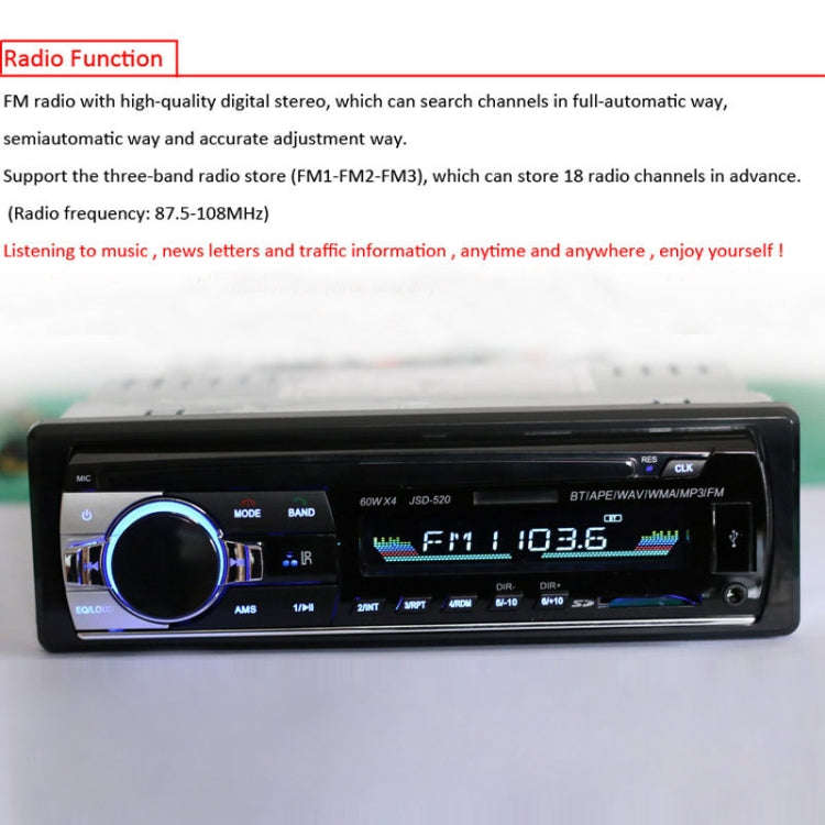 JSD-520 Car Stereo Radio MP3 Audio Player Support Bluetooth Hand-free Calling / FM / USB / SD, Or...