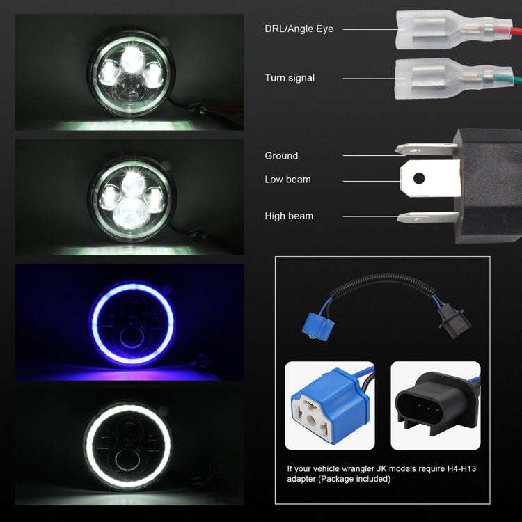 7 inch H4 / H13 DC 9V-30V 3000LM 6000K 30W IP67 4LED Lamp Beads Car Round Shape LED Headlight Lam...