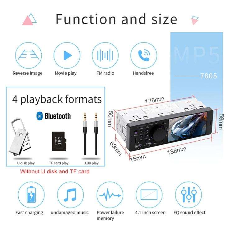 7805 4.1 inch Universal Car Radio Receiver MP5 Player, Support FM & Bluetooth & TF Card with Remo...
