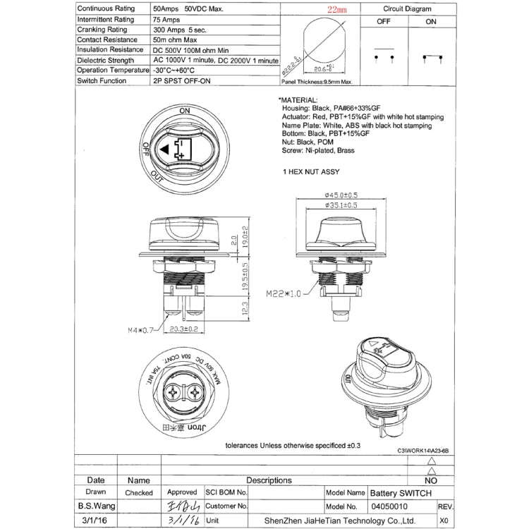 Jtron On/Off Car Battery Switch Car Battery Master Switch MAX DC 50V 50A CONT 75A INT Use for Car...
