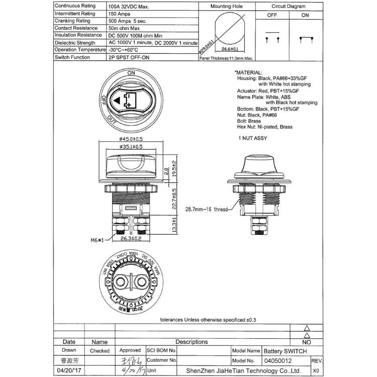 Jtron On/Off Car Battery Switch Car Battery Master Switch MAX DC 32V 100A CONT 150A INT Use for C...