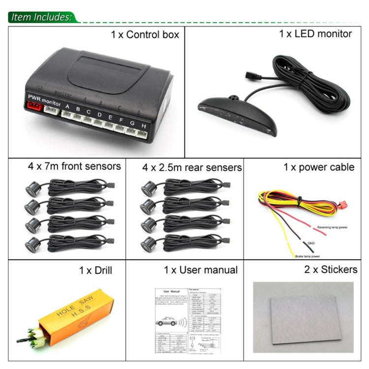 PZ-300-8 Car Parking Reversing Buzzer LED Monitor Parking Alarm Assistance System with 4*7m Front...