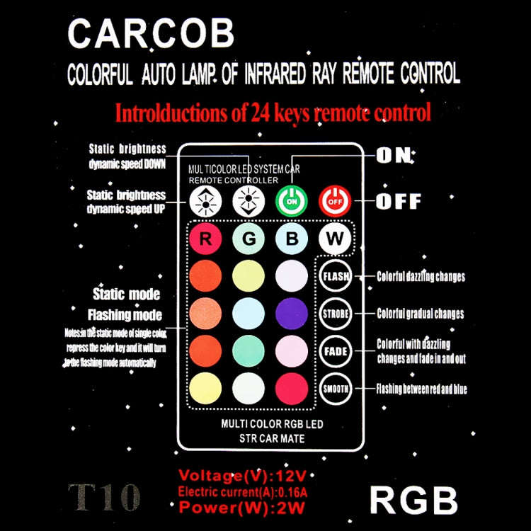 2 PCS W5W 194 T10 Multi Colors COB 12 SMD RGB LED Bulbs with Remote Control Wedge Side Lights Lic...