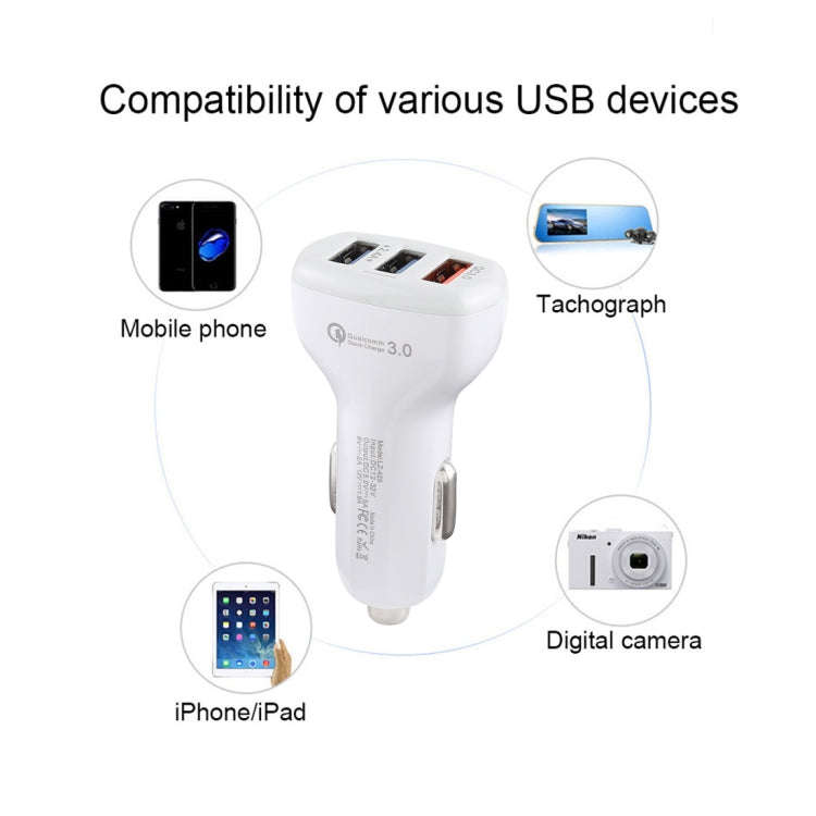 LZ-429 QC3.0 2.4A Three USB Ports Smart Quick Car Charger(White)