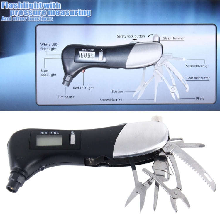 9 in 1 Digital Tire Pressure Gauge Multi-function Safety Hammer with Swiss Style Army Knife, Flas...