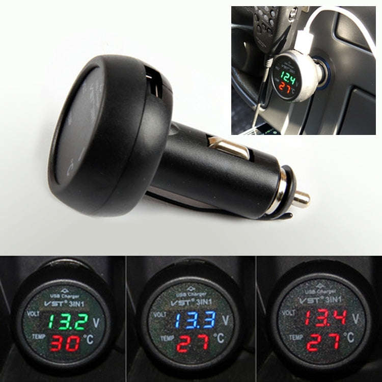 3 in 1 Universal Car Digital Voltage Meter Temperature Meter USB Charger, DC12-24V(Random Color D...