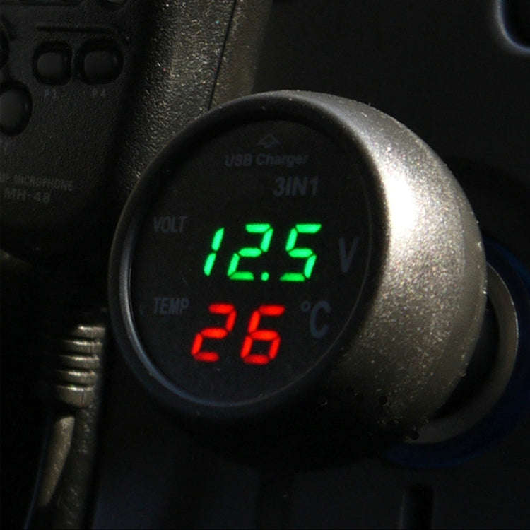 3 in 1 Universal Car Digital Voltage Meter Temperature Meter USB Charger, DC12-24V(Random Color D...