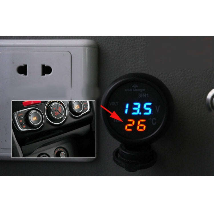 3 in 1 Universal Car Digital Voltage Meter Temperature Meter USB Charger, DC12-24V(Random Color D...