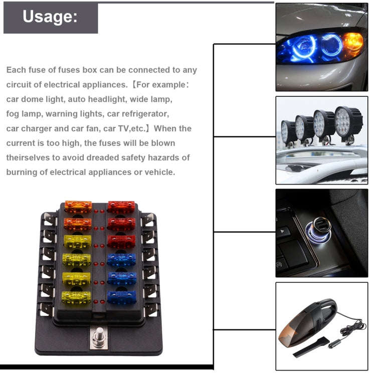 1 in 12 Out Fuse Box PC Terminal Block Fuse Holder Kits with LED Warning Indicator for Auto Car T...