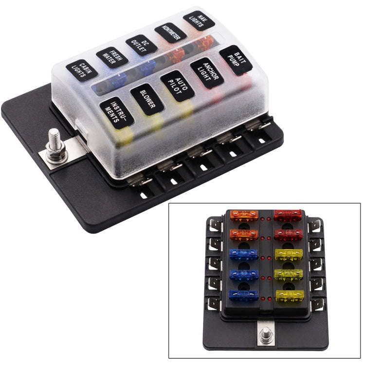 1 in 10 Out Fuse Box PC Terminal Block Fuse Holder Kits with LED Warning Indicator for Auto Car T...