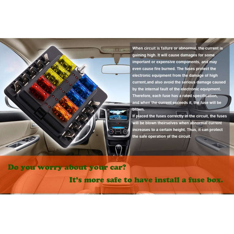 1 in 10 Out Fuse Box PC Terminal Block Fuse Holder Kits with LED Warning Indicator for Auto Car T...