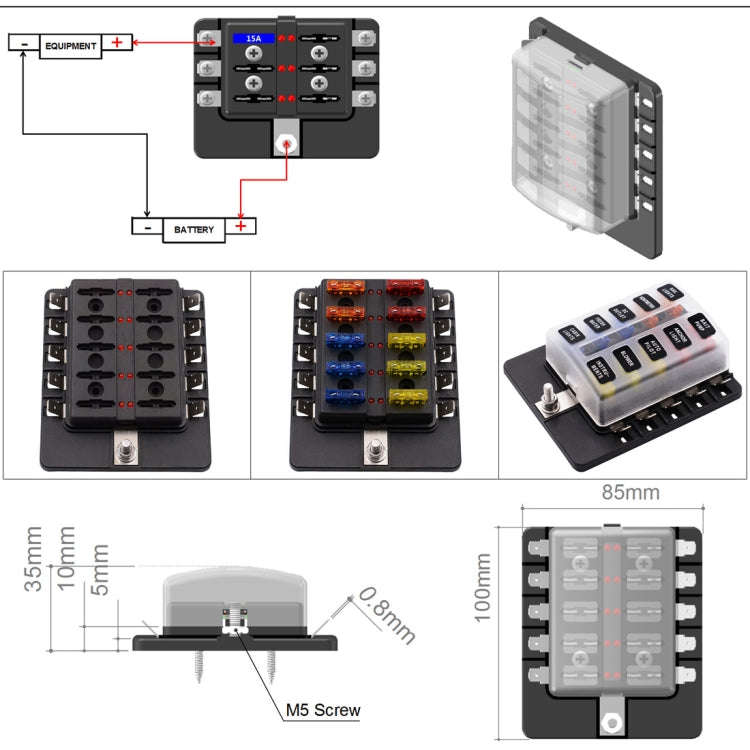 1 in 10 Out Fuse Box PC Terminal Block Fuse Holder Kits with LED Warning Indicator for Auto Car T...