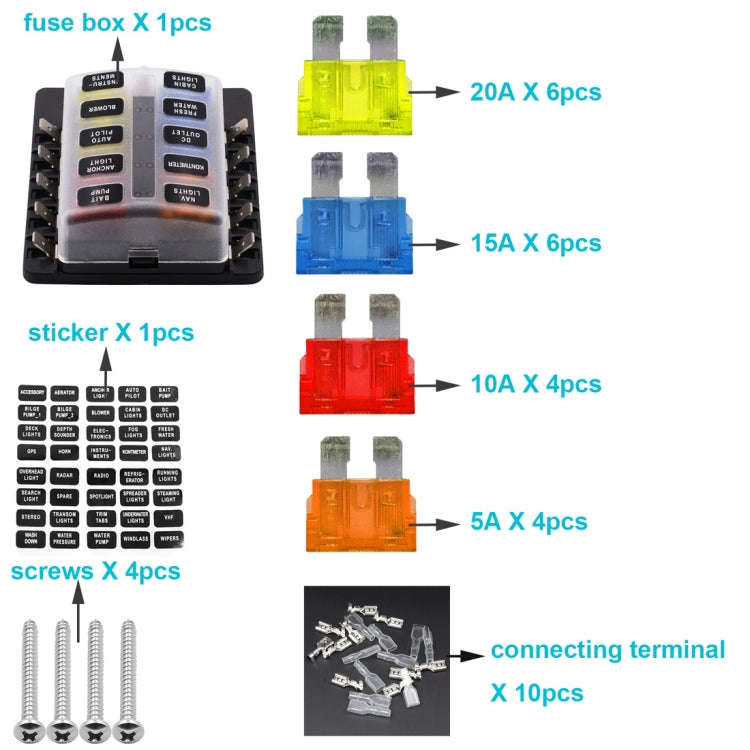 1 in 10 Out Fuse Box PC Terminal Block Fuse Holder Kits with LED Warning Indicator for Auto Car T...