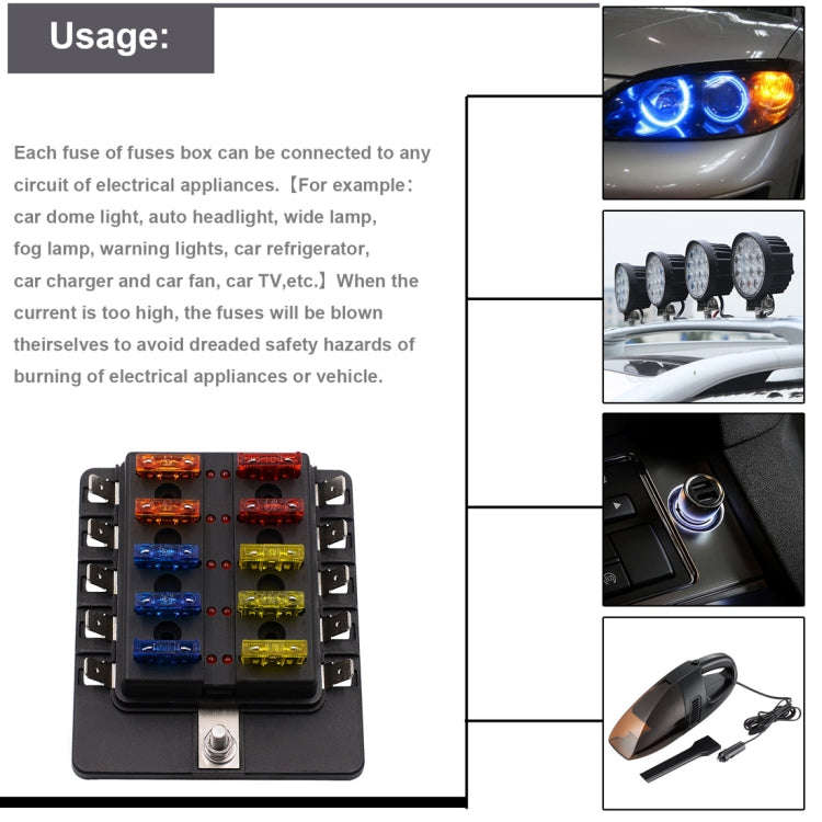 1 in 10 Out Fuse Box PC Terminal Block Fuse Holder Kits with LED Warning Indicator for Auto Car T...