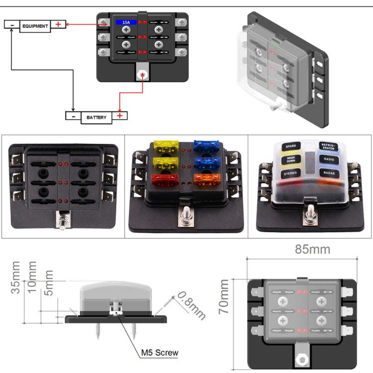 1 in 6 Out Fuse Box PC Terminal Block Fuse Holder Kits with LED Warning Indicator for Auto Car Tr...