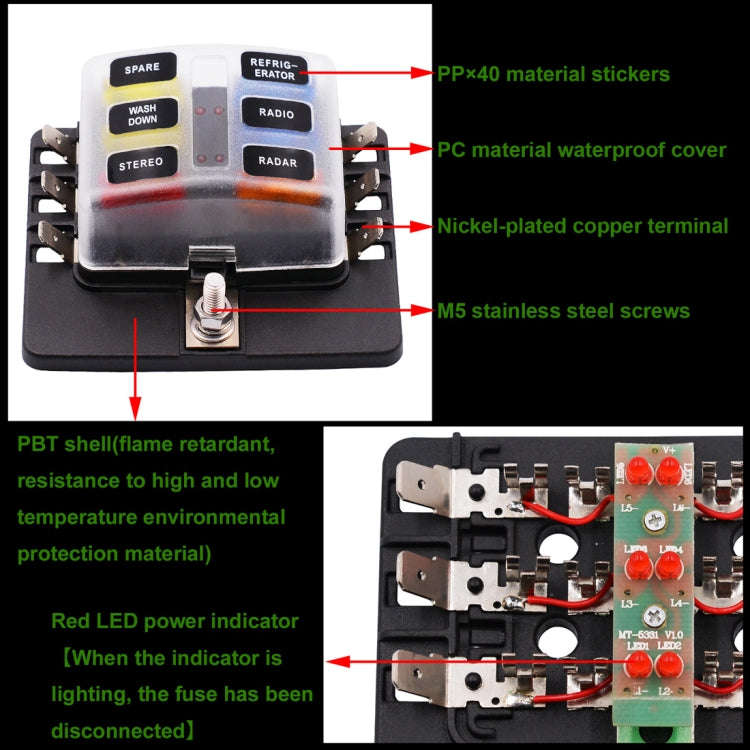 1 in 6 Out Fuse Box PC Terminal Block Fuse Holder Kits with LED Warning Indicator for Auto Car Tr...