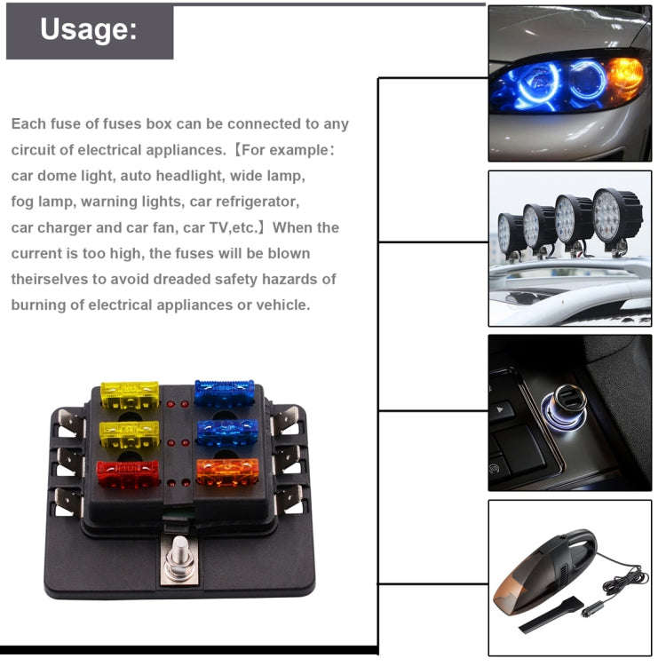 1 in 6 Out Fuse Box PC Terminal Block Fuse Holder Kits with LED Warning Indicator for Auto Car Tr...