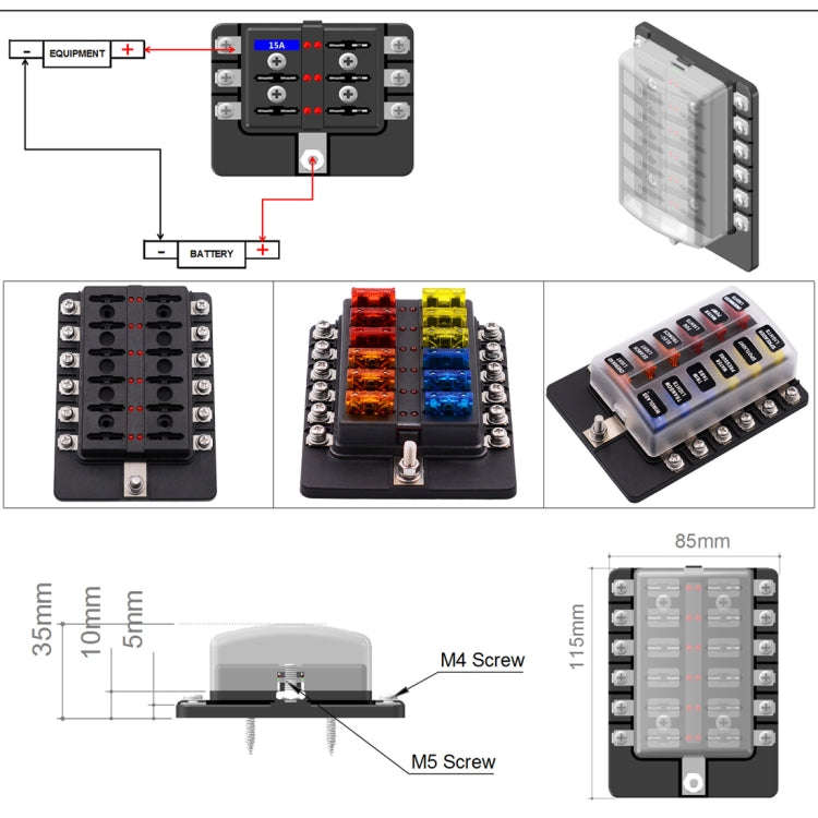 1 in 12 Out Fuse Box Screw Terminal Section Fuse Holder Kits with LED Warning Indicator for Auto ...