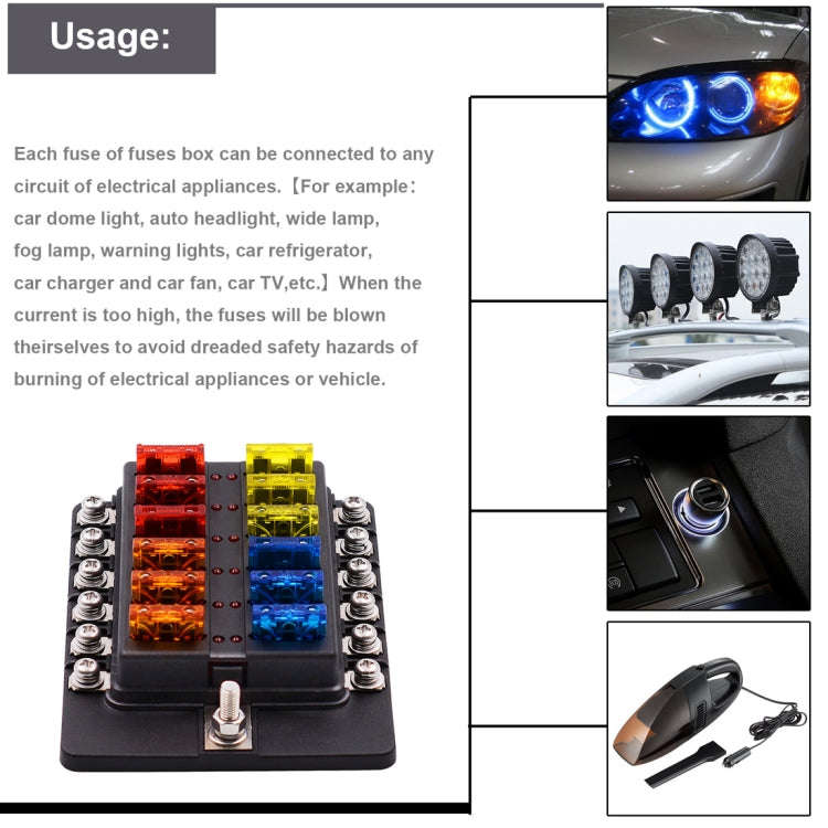 1 in 12 Out Fuse Box Screw Terminal Section Fuse Holder Kits with LED Warning Indicator for Auto ...
