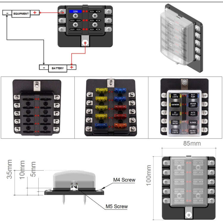 1 in 10 Out Fuse Box Screw Terminal Section Fuse Holder Kits with LED Warning Indicator for Auto ...