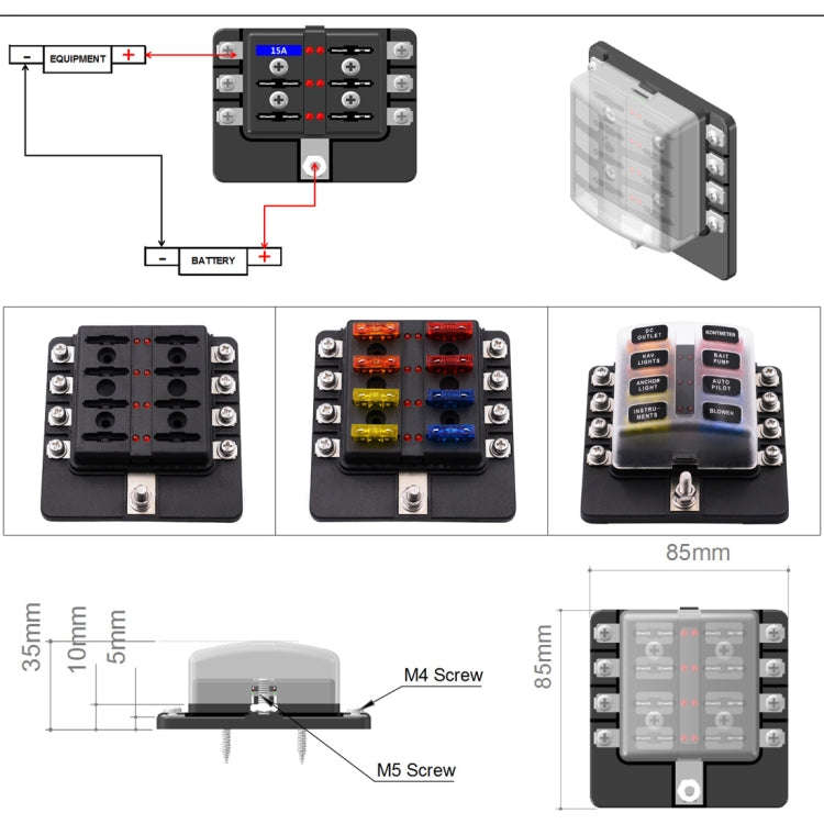 1 in 8 Out Fuse Box Screw Terminal Section Fuse Holder Kits with LED Warning Indicator for Auto C...