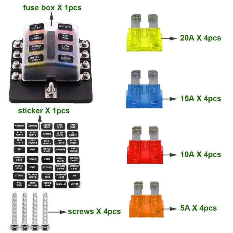 1 in 8 Out Fuse Box Screw Terminal Section Fuse Holder Kits with LED Warning Indicator for Auto C...
