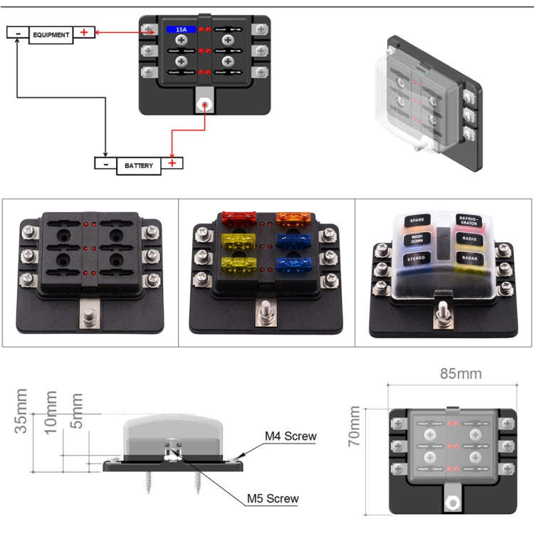 1 in 6 Out 6 Way Circuit Fuse Box Screw Terminal Section Fuse Holder Kits with LED Warning Indica...
