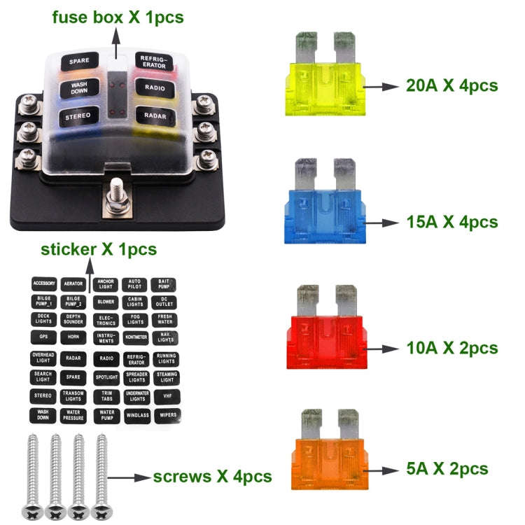1 in 6 Out 6 Way Circuit Fuse Box Screw Terminal Section Fuse Holder Kits with LED Warning Indica...
