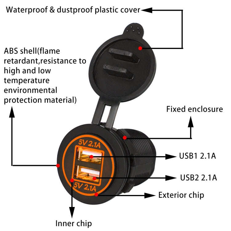 Universal Car Charger 2 Port Power Socket Power Dual USB Charger 5V 4.2A IP66 with Aperture(Orang...