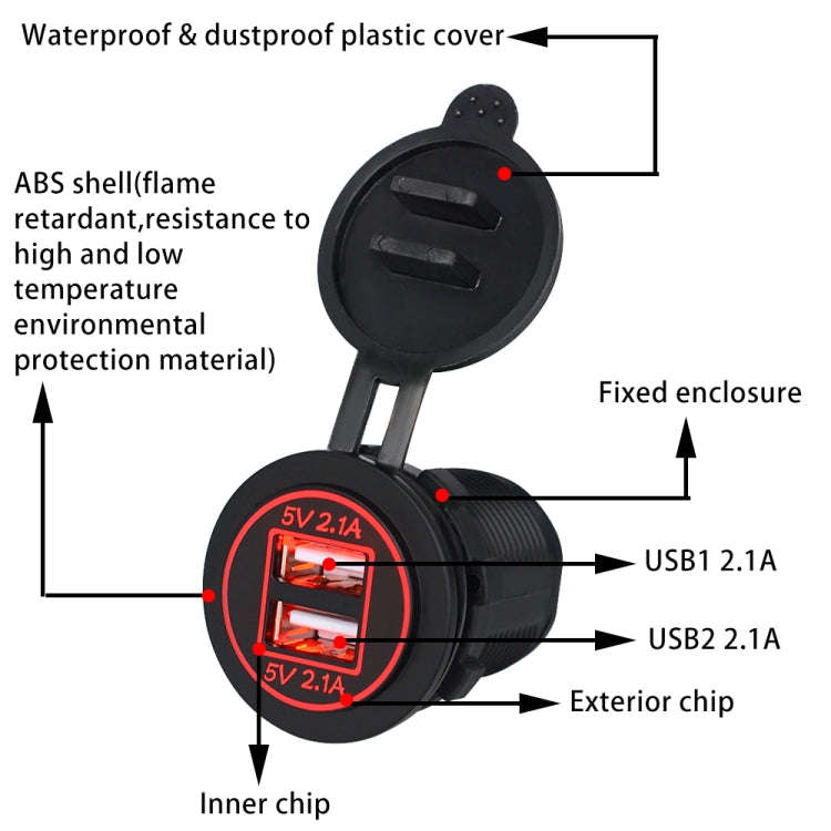 Universal Car Charger 2 Port Power Socket Power Dual USB Charger 5V 4.2A IP66 with Aperture(Red L...