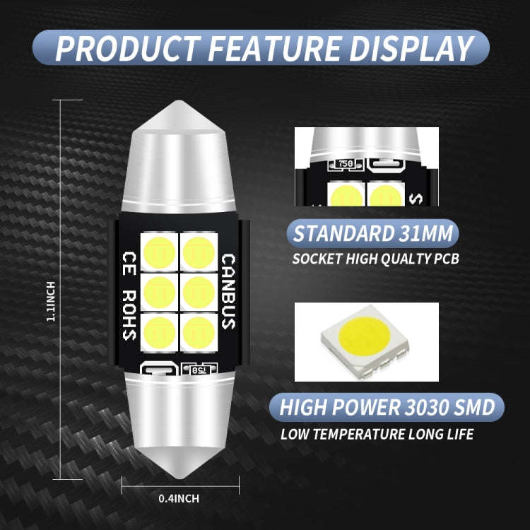 2 PCS 31mm DC12V-24V 3W 6000K 660LM 6LEDs SMD-3030 Car Reading Lamp / License Plate Light