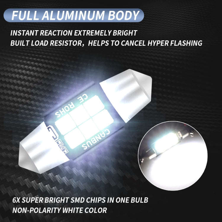 2 PCS 31mm DC12V-24V 3W 6000K 660LM 6LEDs SMD-3030 Car Reading Lamp / License Plate Light