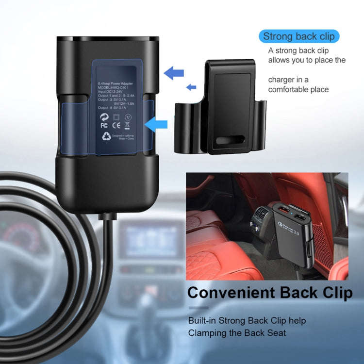 HMQ-C801 1.8m 8A Max 4 Ports USB Car Charger with Extending USB HUB for Front & Back Seat Chargin...