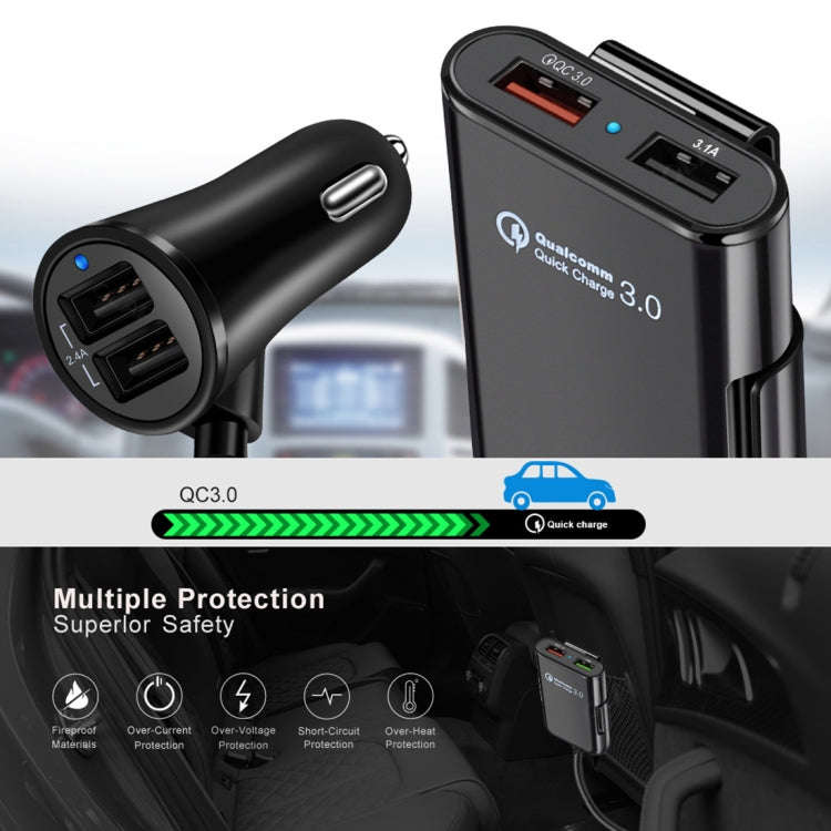 HMQ-C801 1.8m 8A Max 4 Ports USB Car Charger with Extending USB HUB for Front & Back Seat Chargin...