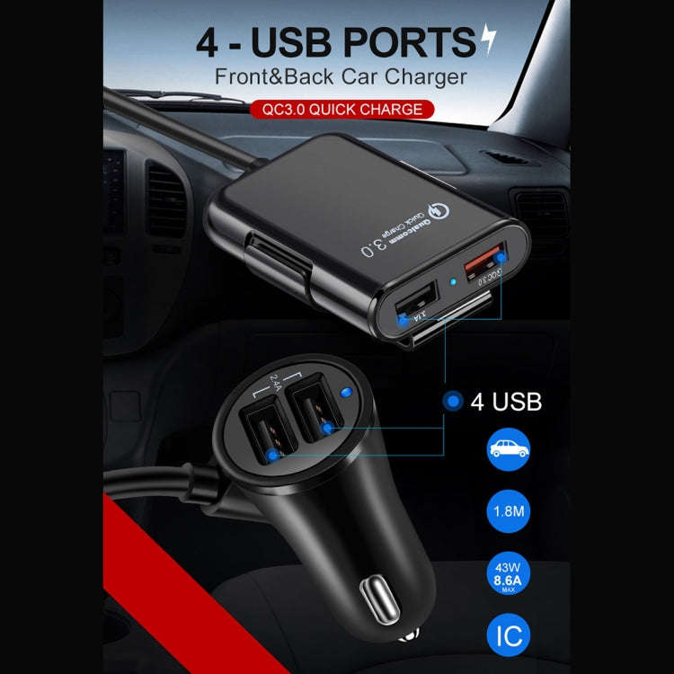 HMQ-C801 1.8m 8A Max 4 Ports USB Car Charger with Extending USB HUB for Front & Back Seat Chargin...