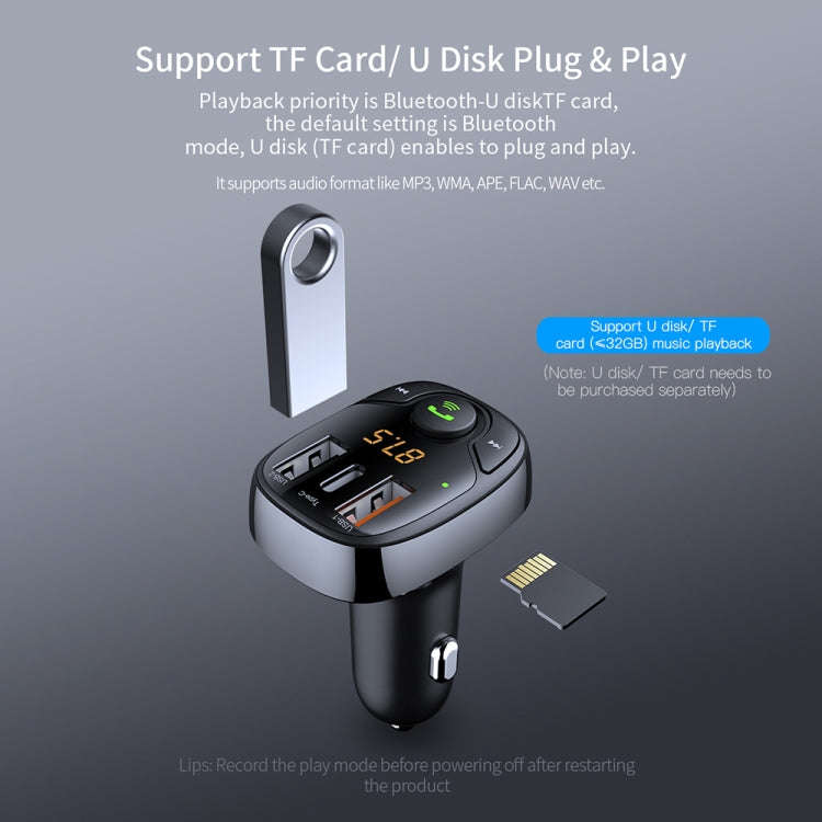 ROCK B301 Dual USB + PD Bluetooth 5.0 FM Transmitter & Car Charger, Support TF Card / U-disk(Black)