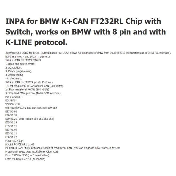 INPA K+CAN with Switch USB Interface Cable for BMW (Blue)