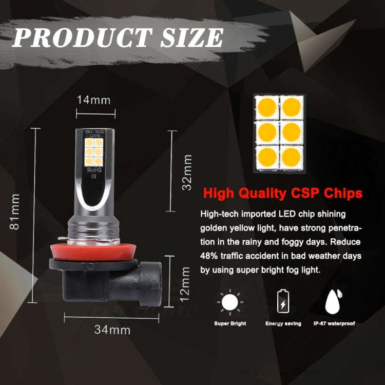 2 PCS H11 / H8 DC12V-24V / 12W / 3000K / 800LM 12LEDs SMD-3030 Car LED Fog Light (Yellow Light)