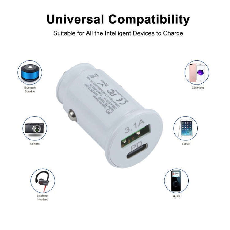 TE-339PD 3.1A PD USB-C / Type-C + USB Interface Mini Fast Charging Car Charger(White)