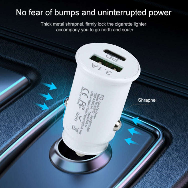 TE-339PD 3.1A PD USB-C / Type-C + USB Interface Mini Fast Charging Car Charger(White)