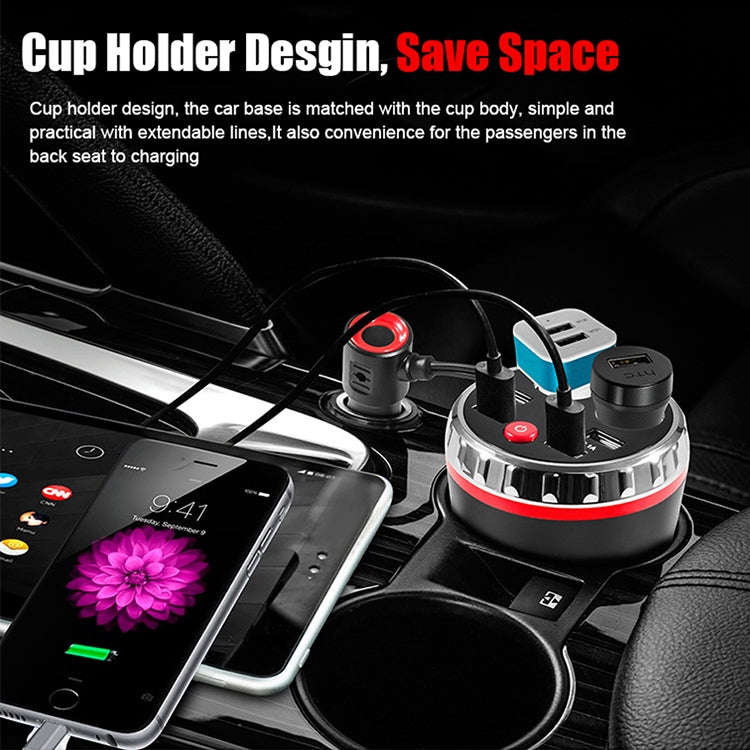 Cup Holder Car Charger Dual Cigarette Lighter 4USB Ports Charger Car MP3 Player (Blue)
