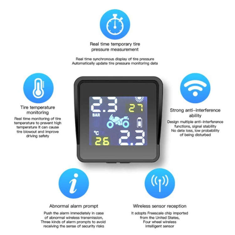 Universal Motorcycle Wireless High Precision Solar Energy TPMS Tire Pressure Alarm System Externa...