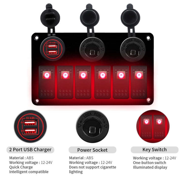 Multi-functional Combination Switch Panel 12V / 24V 6 Way Switches + Dual USB Charger for Car RV ...