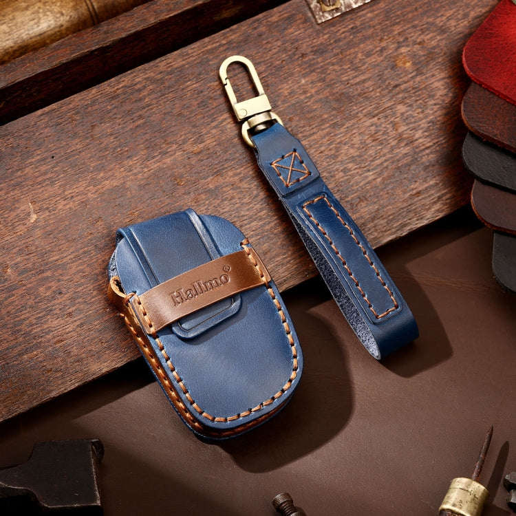 Hallmo Car Cowhide Leather Key Protective Cover Key Case for Hyundai IX35 A Style(Blue)