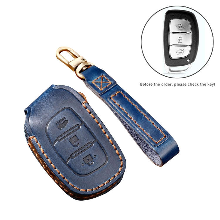 Hallmo Car Cowhide Leather Key Protective Cover Key Case for Hyundai IX35 B Style(Blue)