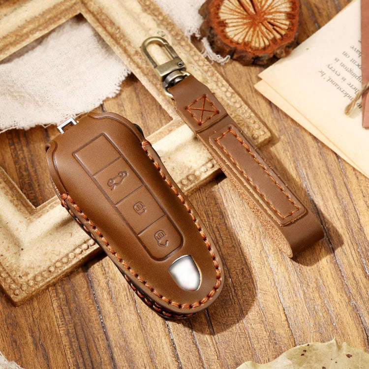 Hallmo Car Cowhide Leather Key Protective Cover Key Case for Porsche Macan 718 2021 A Style(Brown)