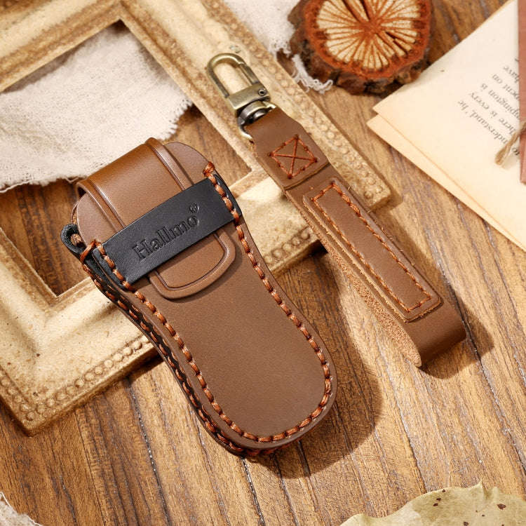 Hallmo Car Cowhide Leather Key Protective Cover Key Case for Porsche Macan 718 2021 B Style(Brown)