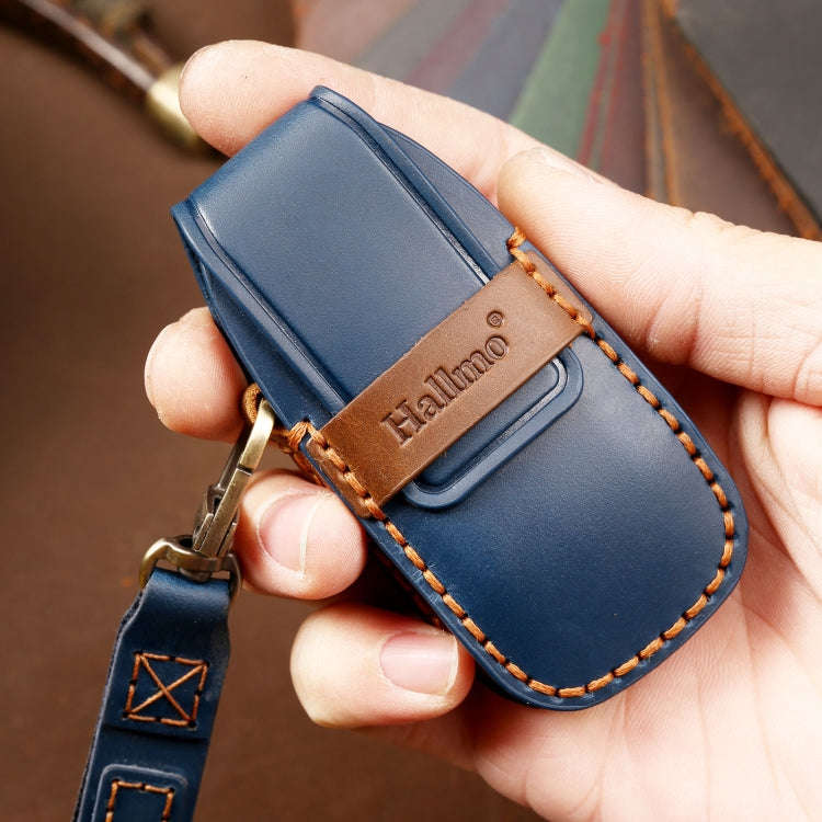 Hallmo Car Cowhide Leather Key Protective Cover Key Case for New Mercedes-Benz E300L(Blue)
